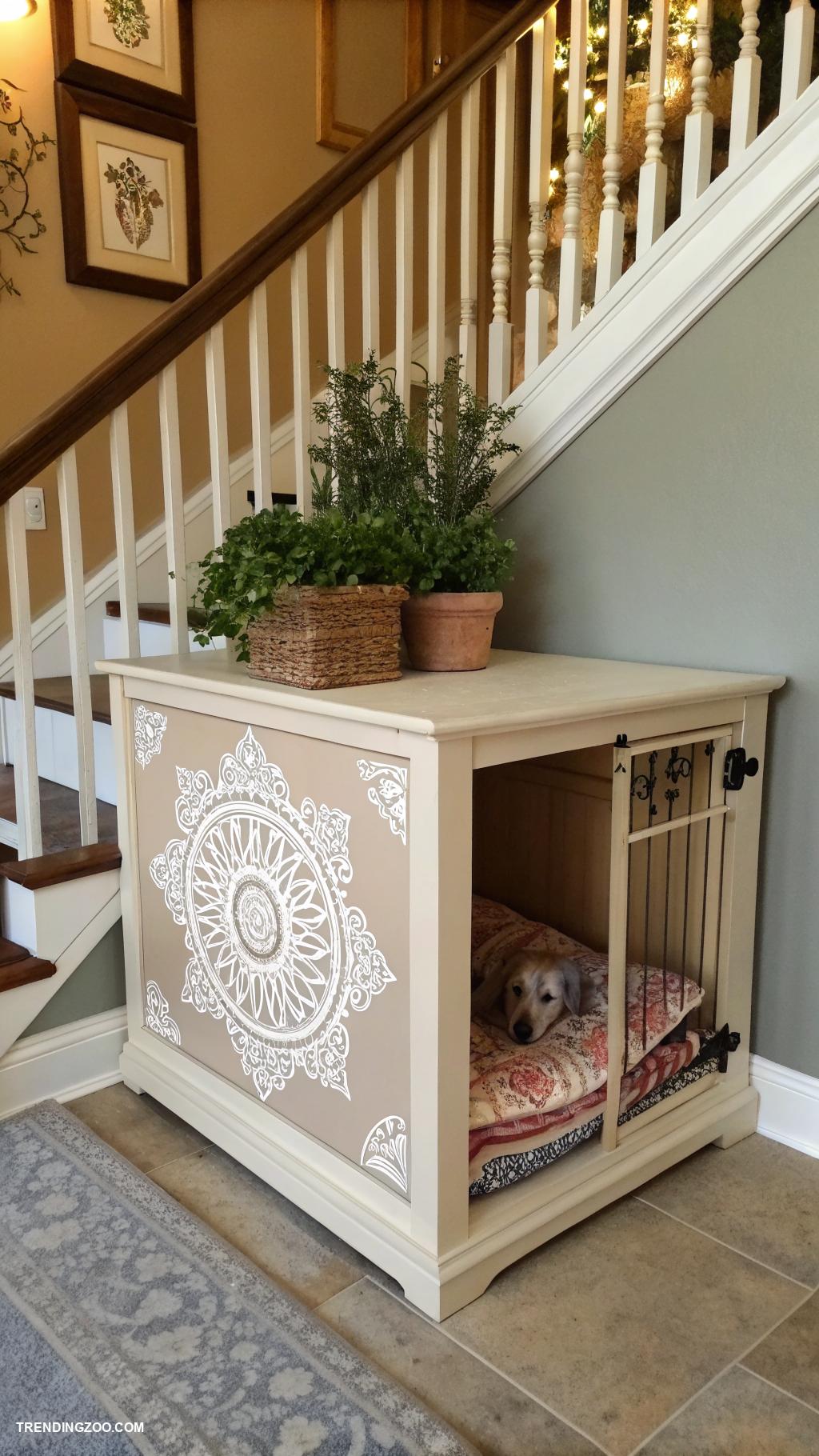 dog crate under stairs Painted crate to match home decor