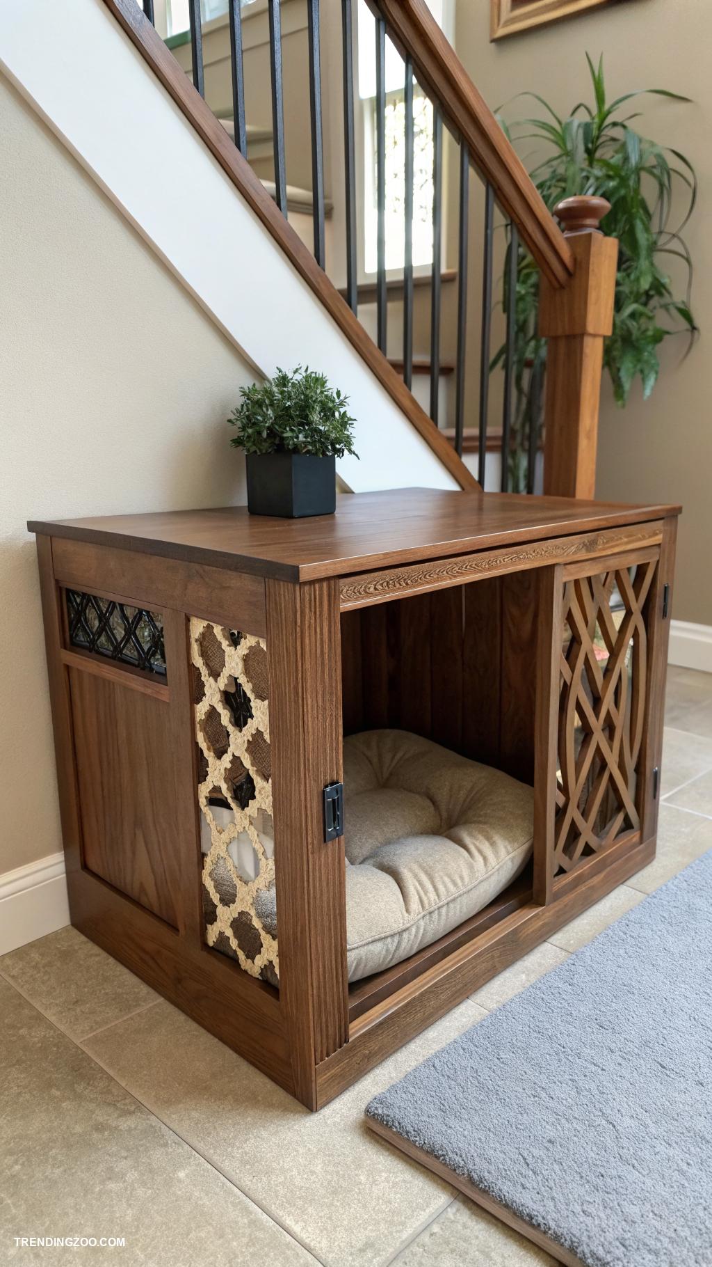 dog crate under stairs Stylish wooden crate with cushion padding