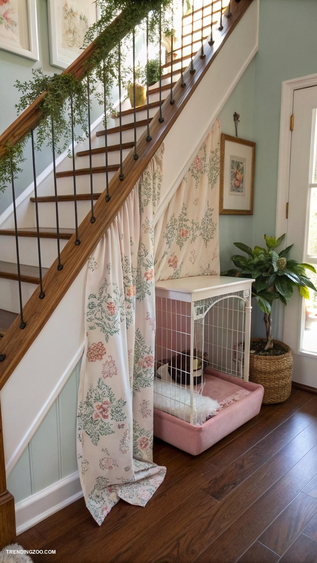 dog crate under stairs Wire crate with decorative curtain cover