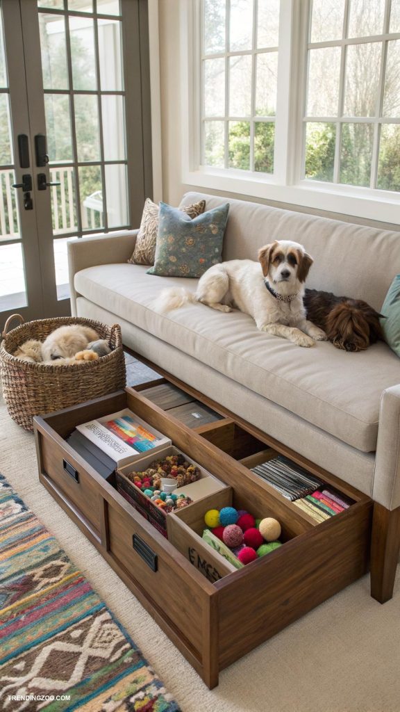 dog friendly living room ideas Stylish pet storage solutions