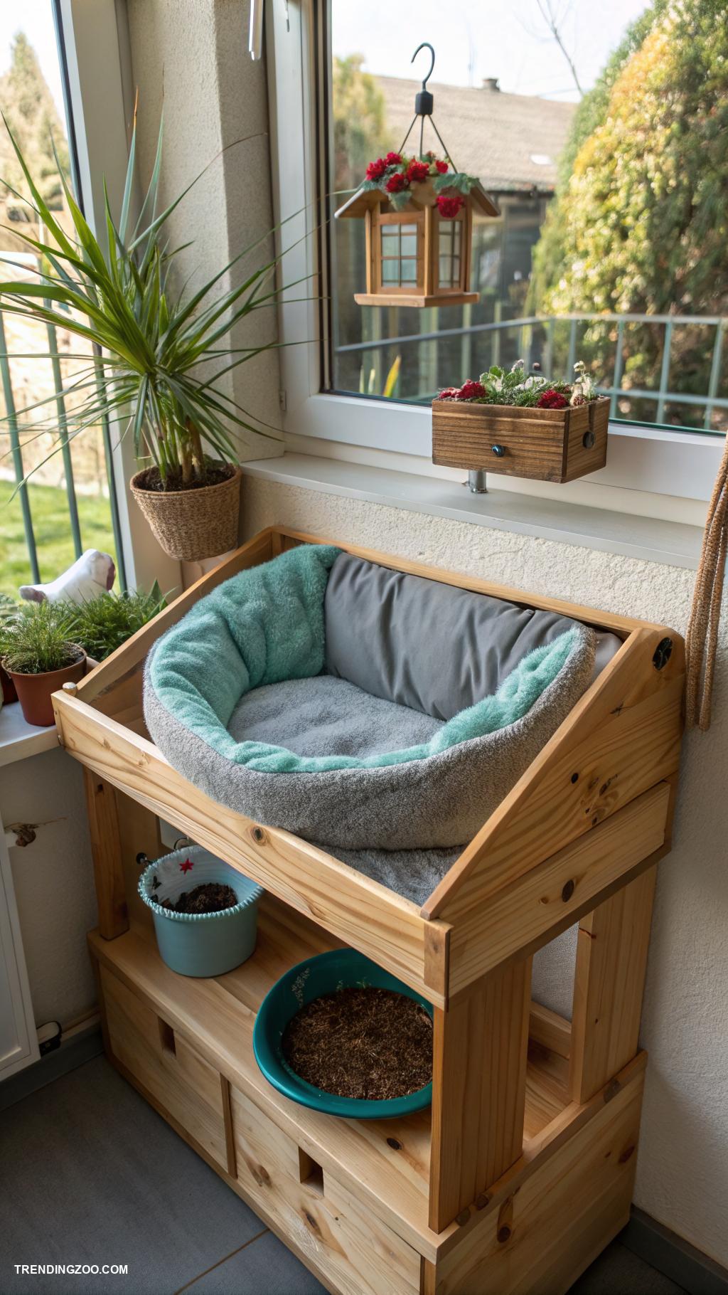 small window catios DIY birdwatching shelf with cat bed