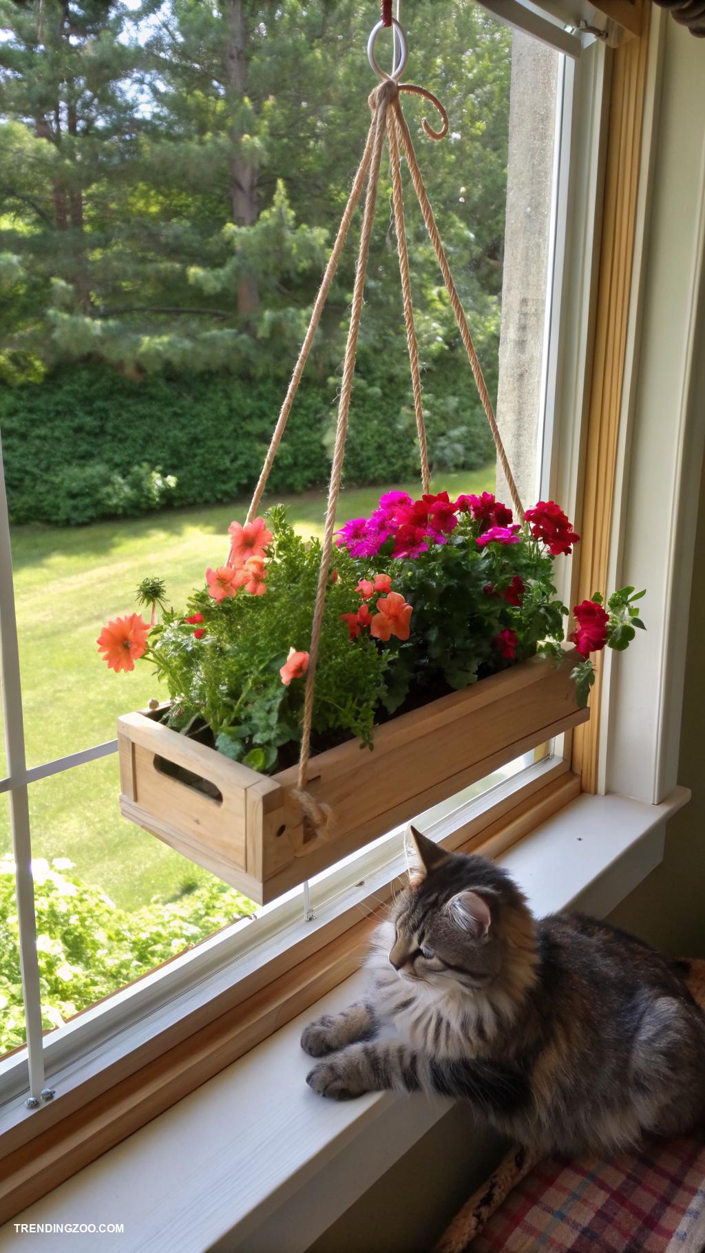 small window catios Hanging flower box catio perch