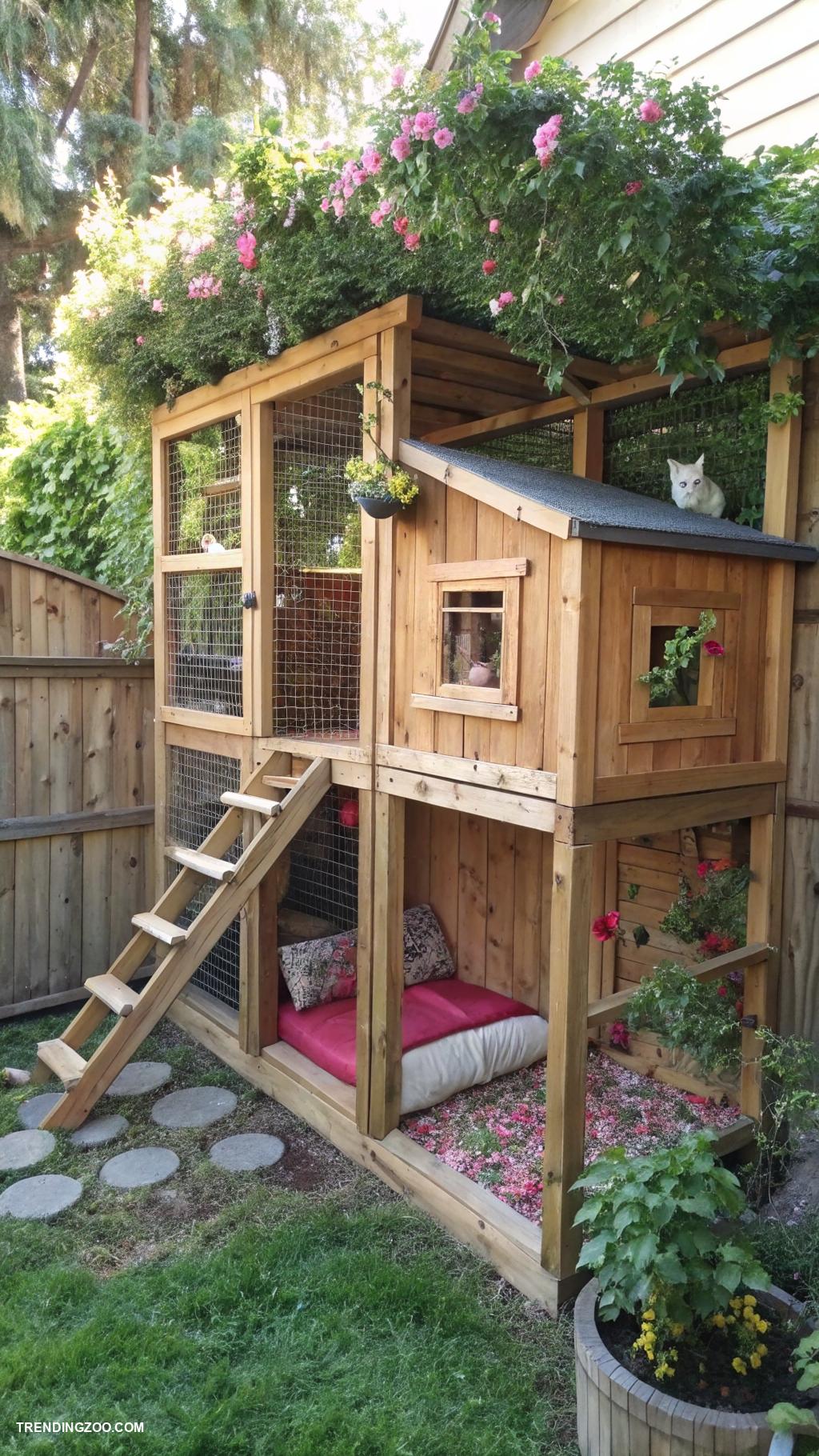 small window catios Multi level catio with cozy nooks