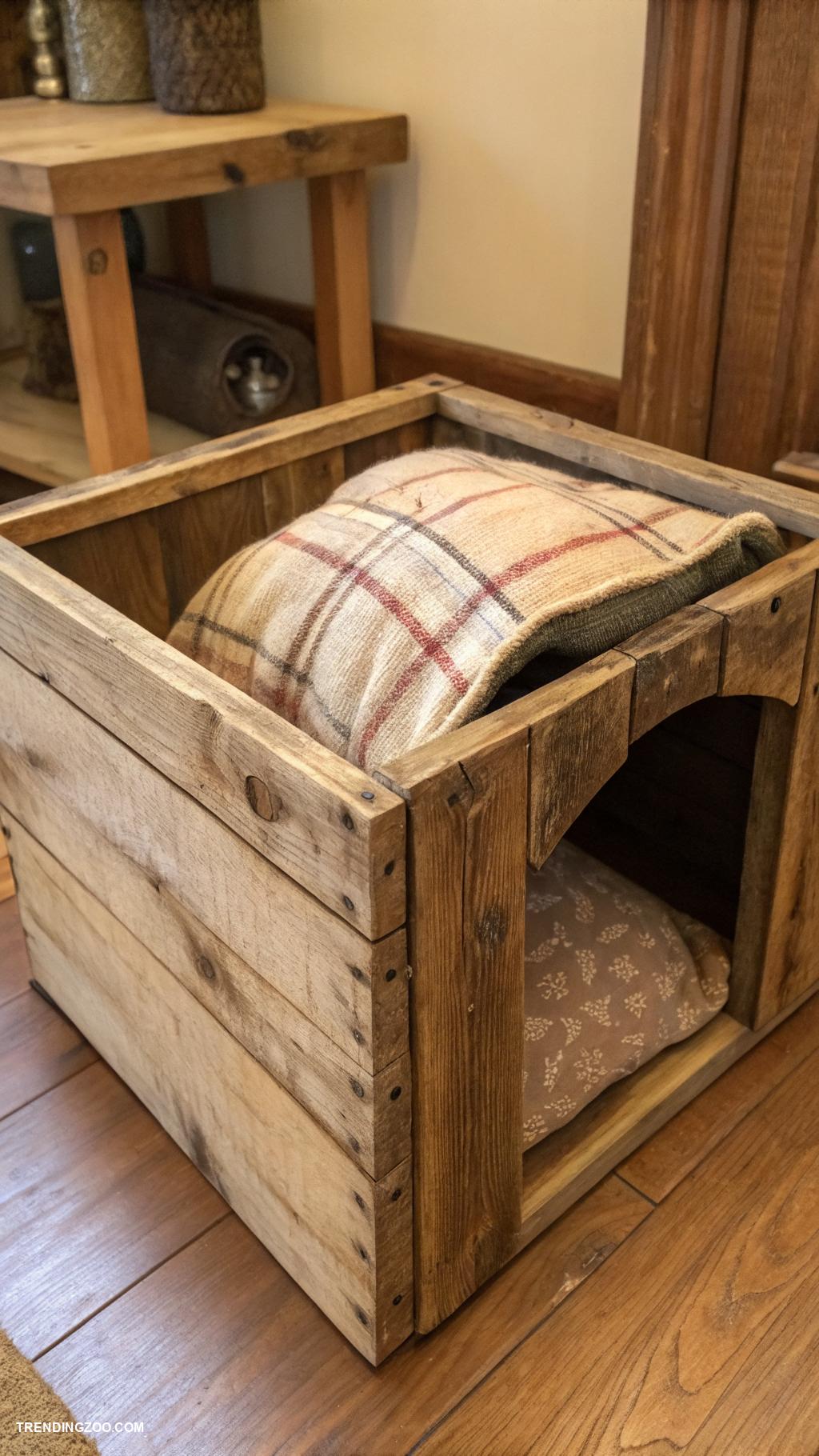 cat cave Rustic wooden box with cushion inside