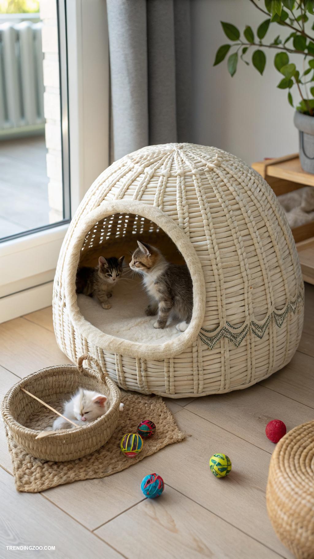 cat cave Stylish woven basket with plush lining