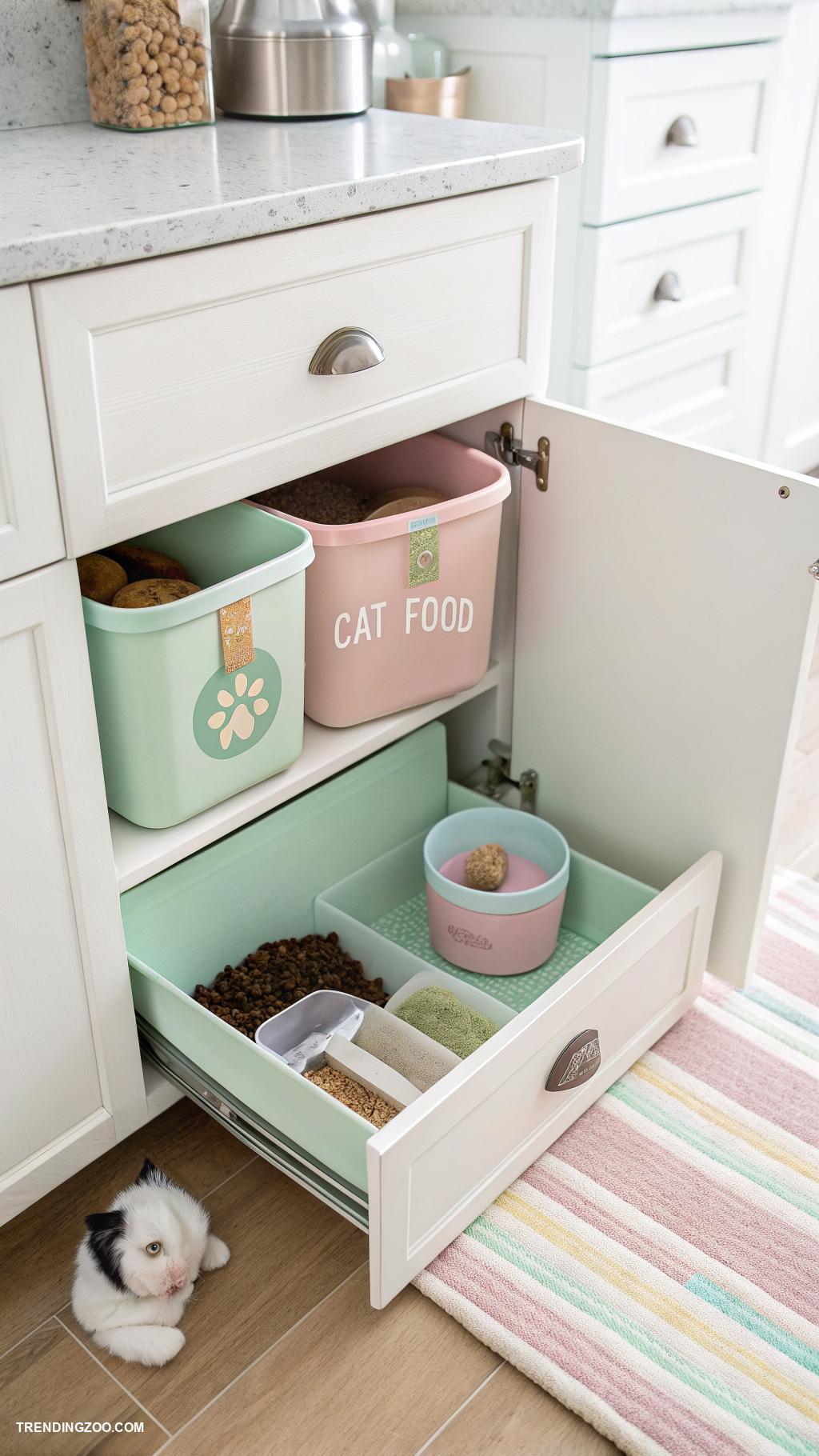 cat food setup ideas Under sink cat food storage drawer