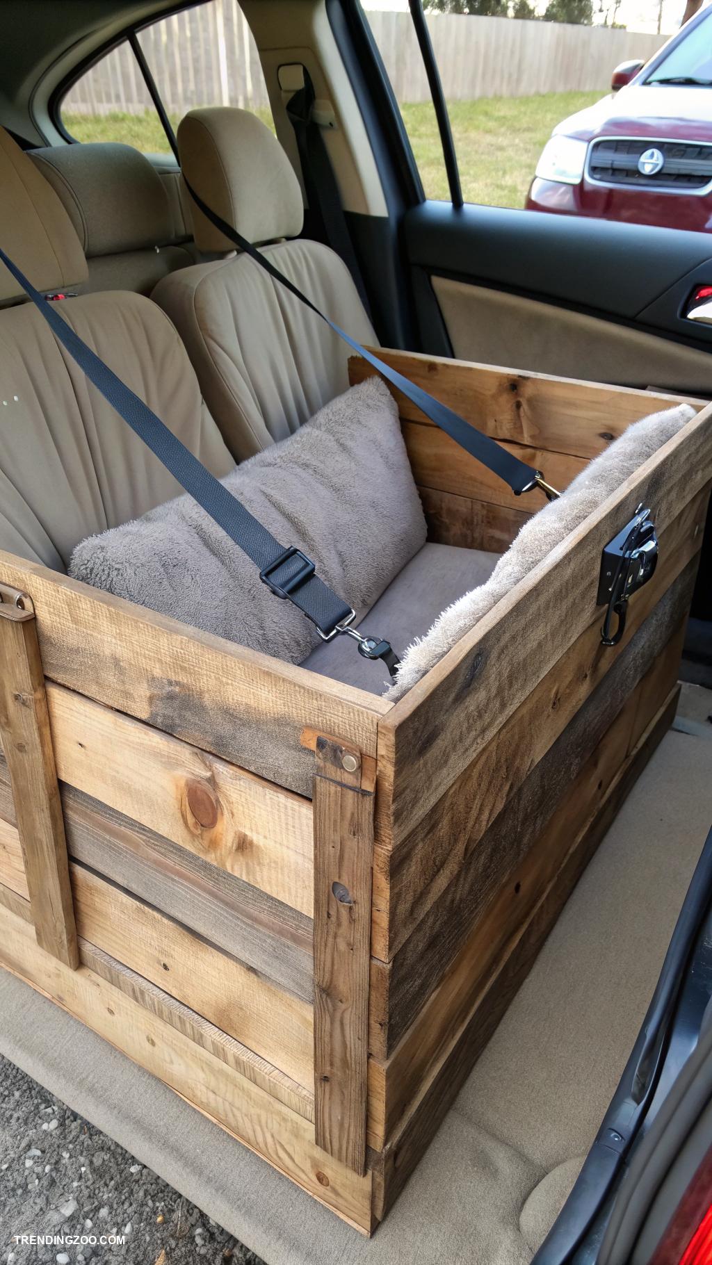 diy dog car seat Wooden crate with safety harness
