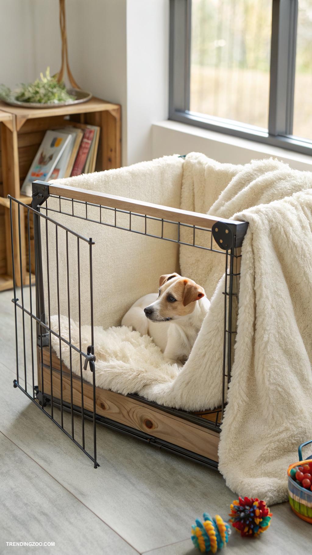 dog cage decoration ideas Cozy faux fur blankets inside the cage