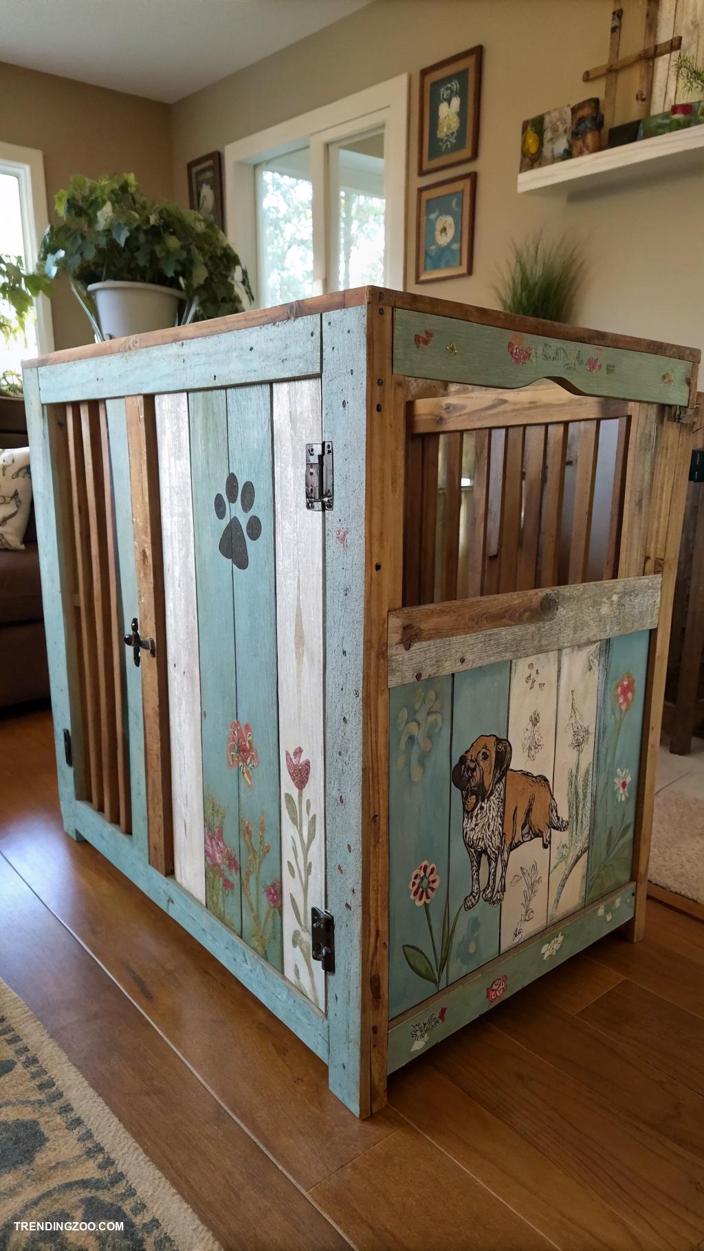 dog cage decoration ideas Painted wooden panels for a rustic look