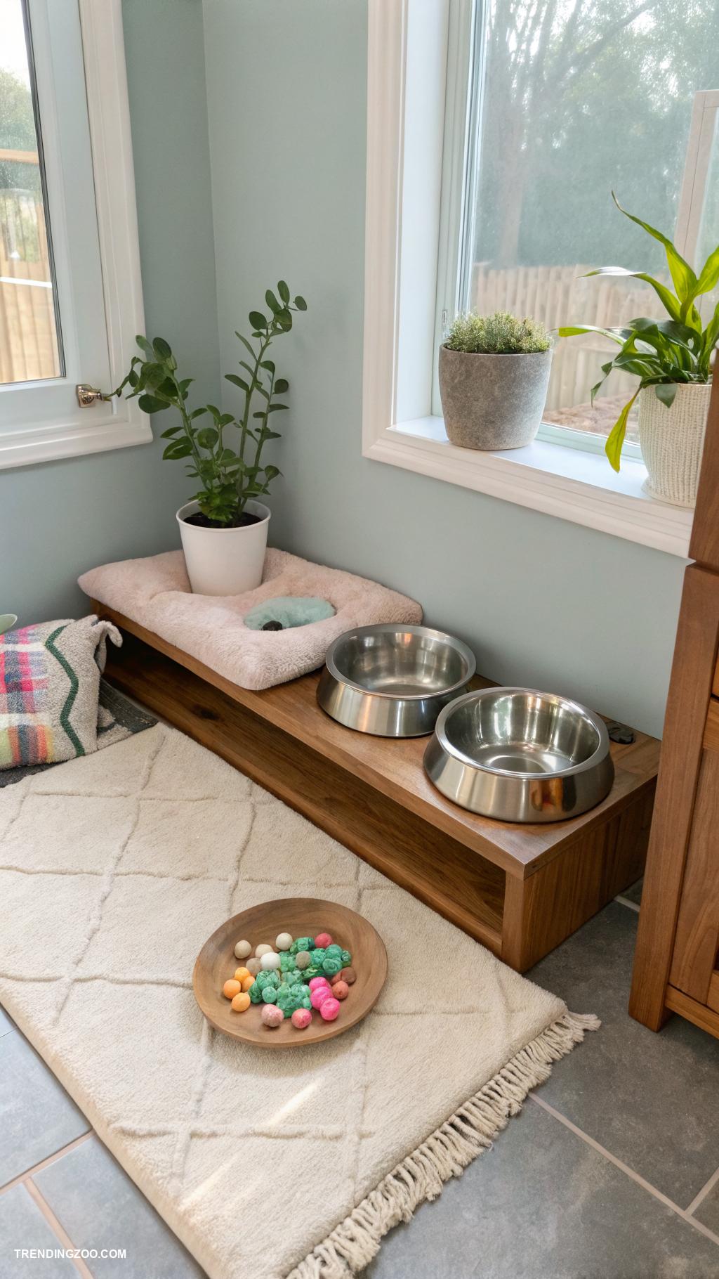 dog feeding area Designated indoor feeding corner with mat