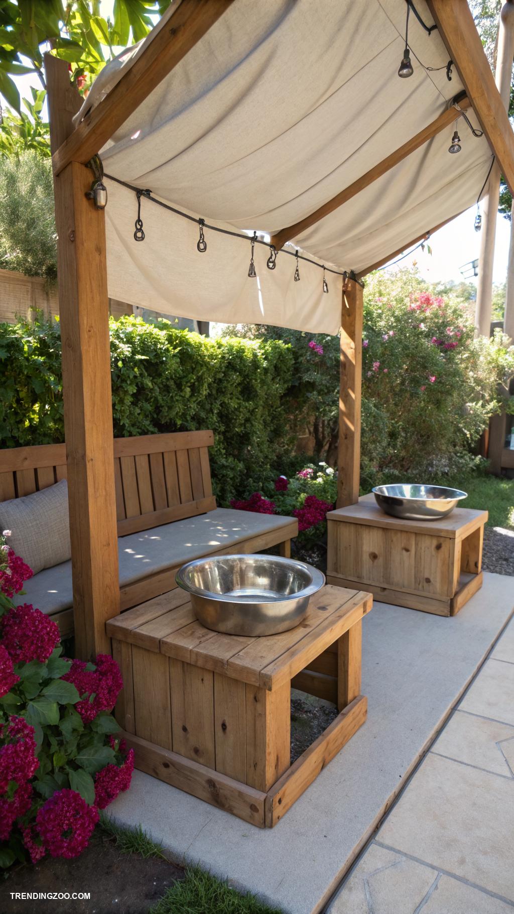 dog feeding area Outdoor feeding area with shaded canopy