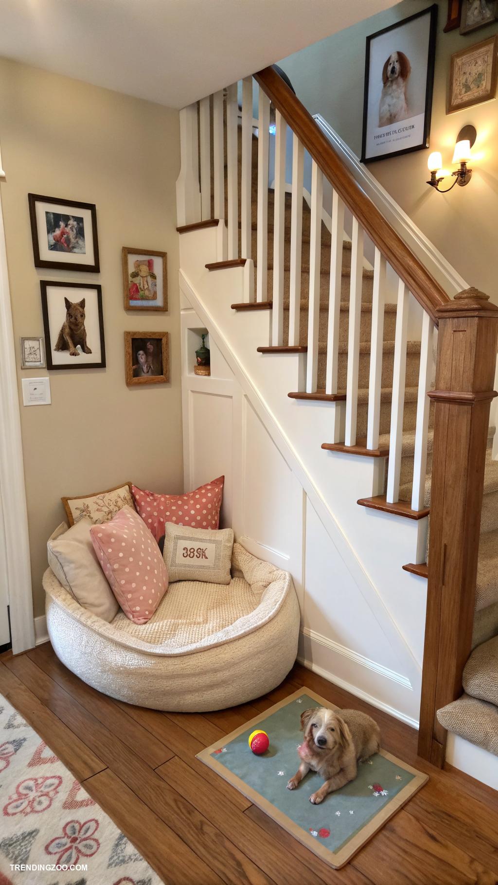 dog places in house Cozy dog bed nook under stairs