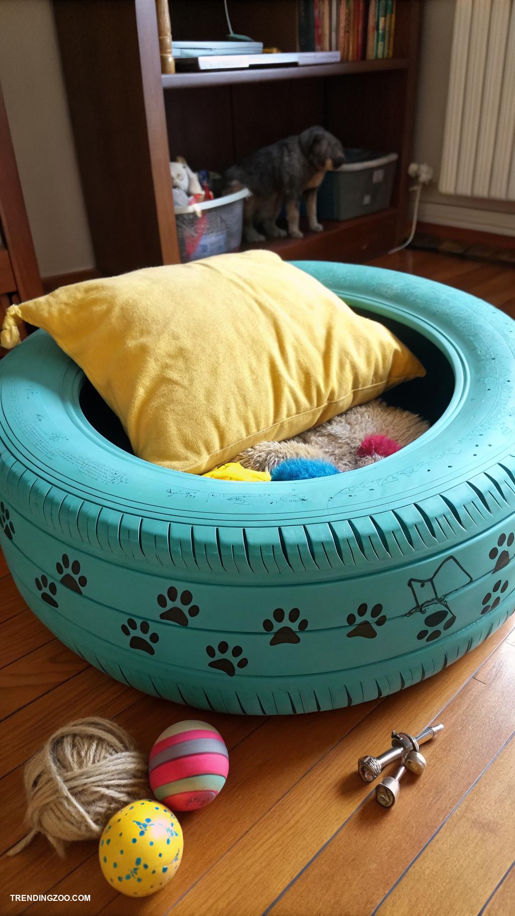 homemade cat beds Recycled tire with cushion inside