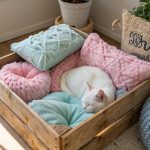 homemade cat beds Wooden crate with soft pillows