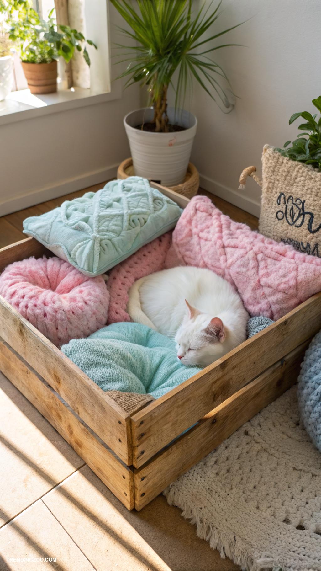 homemade cat beds Wooden crate with soft pillows