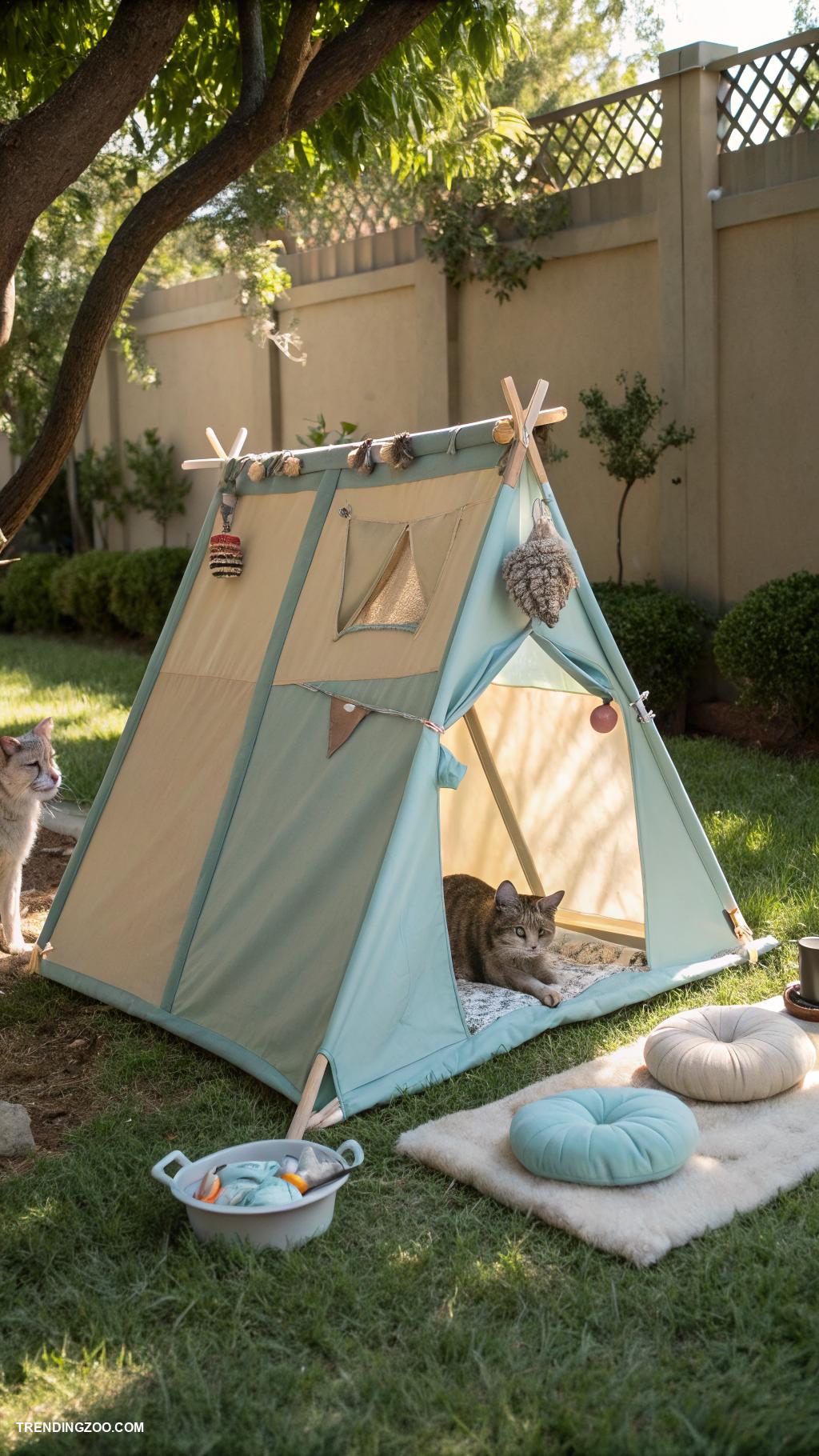 outdoor cat shelter ideas Fabric tents with secured frames and weights