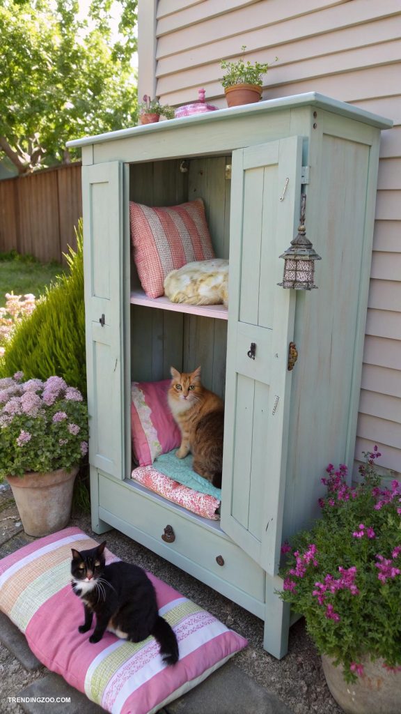 outdoor cat shelter ideas Old cupboard turned into a cat haven