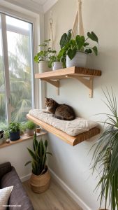 wall mounted cat beds Floating wooden shelves for climbing cats