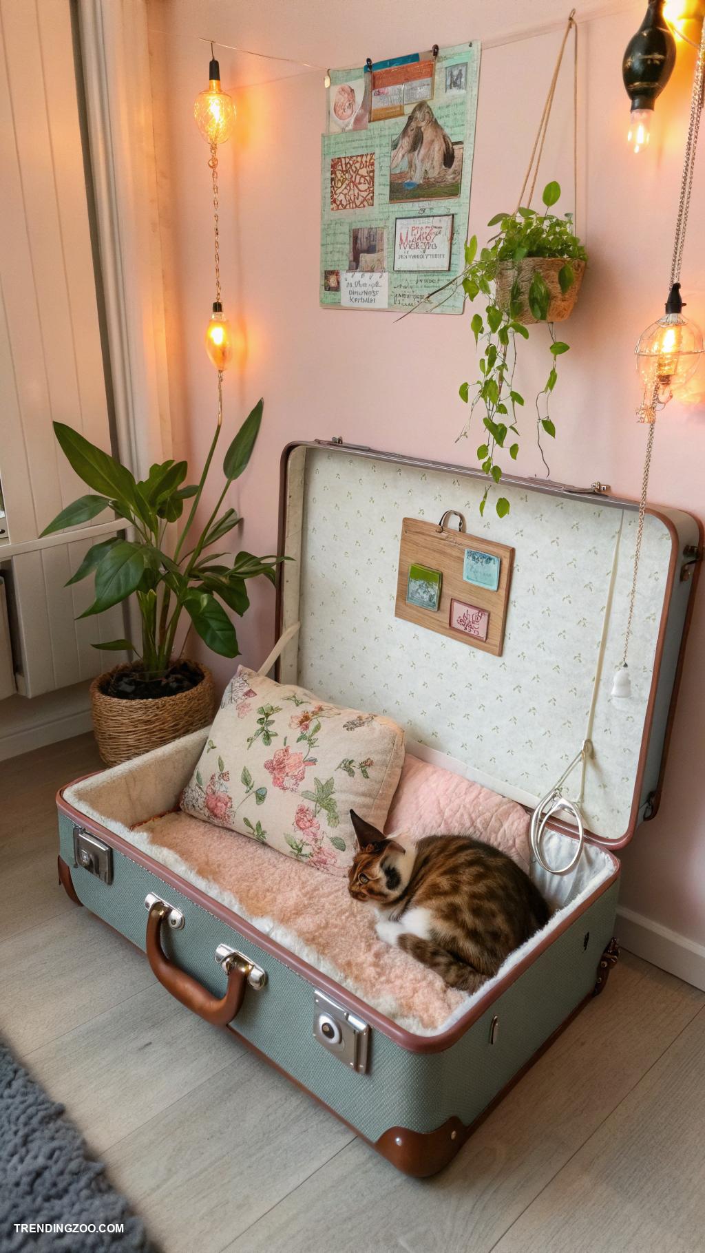 wall mounted cat beds Repurposed suitcase wall cat nook