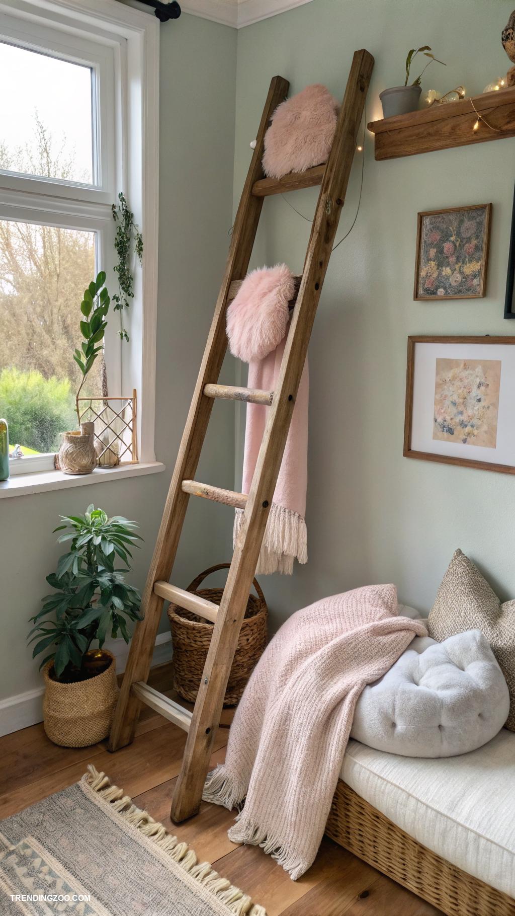 wall mounted cat beds Rustic ladder leading to plush perch
