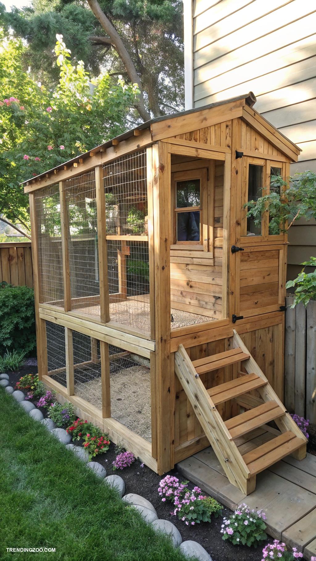 cat window enclosure ideas DIY wooden catio with natural wood finish