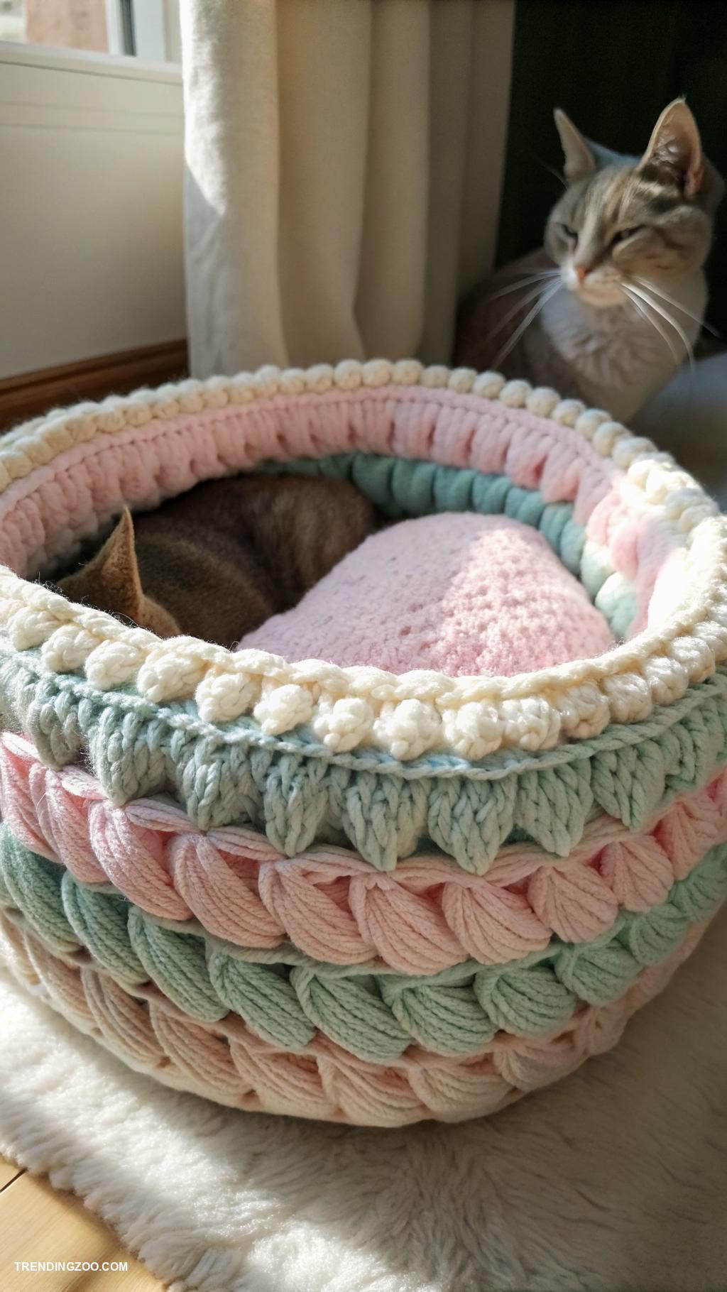 crochet cat nest ideas Curved crochet basket for cozy lounging
