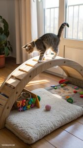 diy cat bridge Simple plank bridge over a pet bed