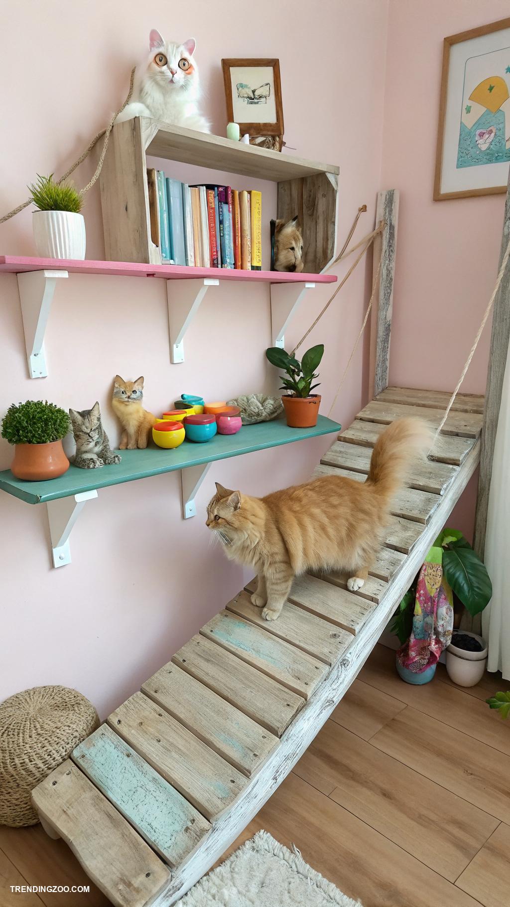 diy cat bridge Wood plank bridge between two shelves