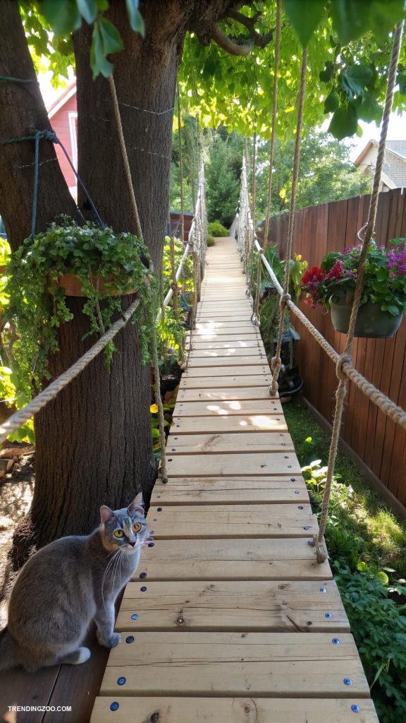 diy cat bridge Wooden plank bridge between trees