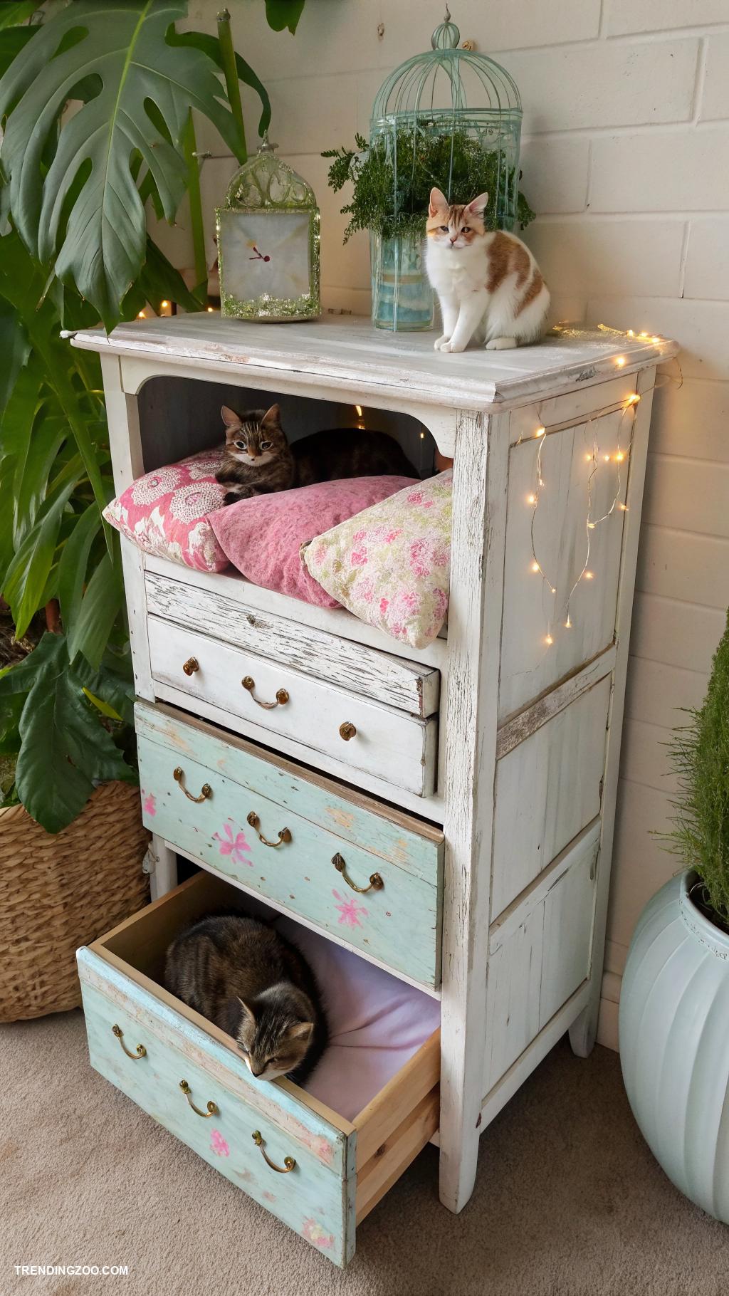 diy cat furniture Old dresser transformed into multi level tower