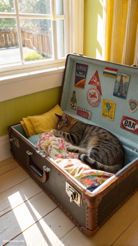 diy cat furniture Old suitcases as quirky cat beds