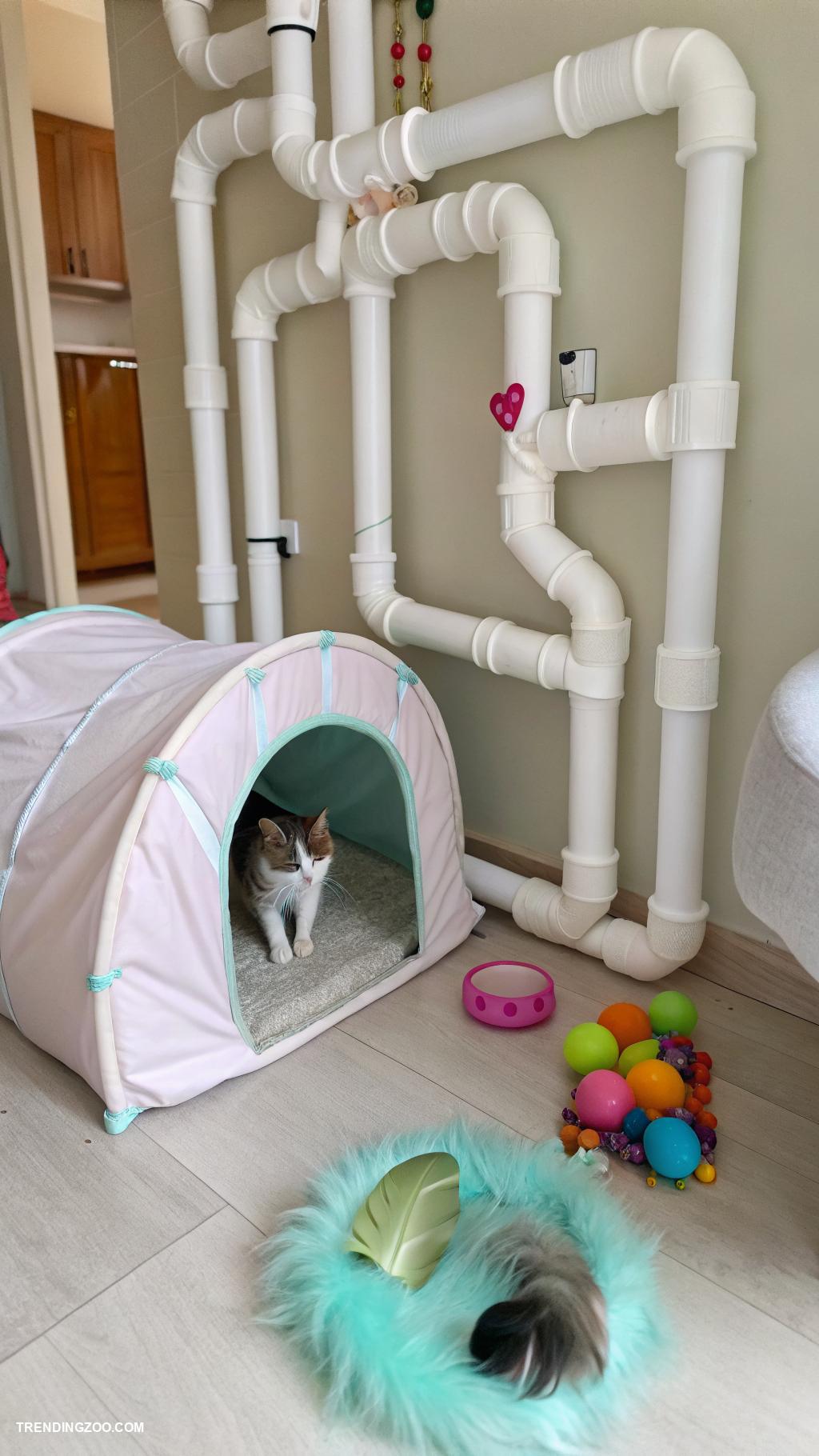 diy cat furniture PVC pipes as tunnel systems for cats