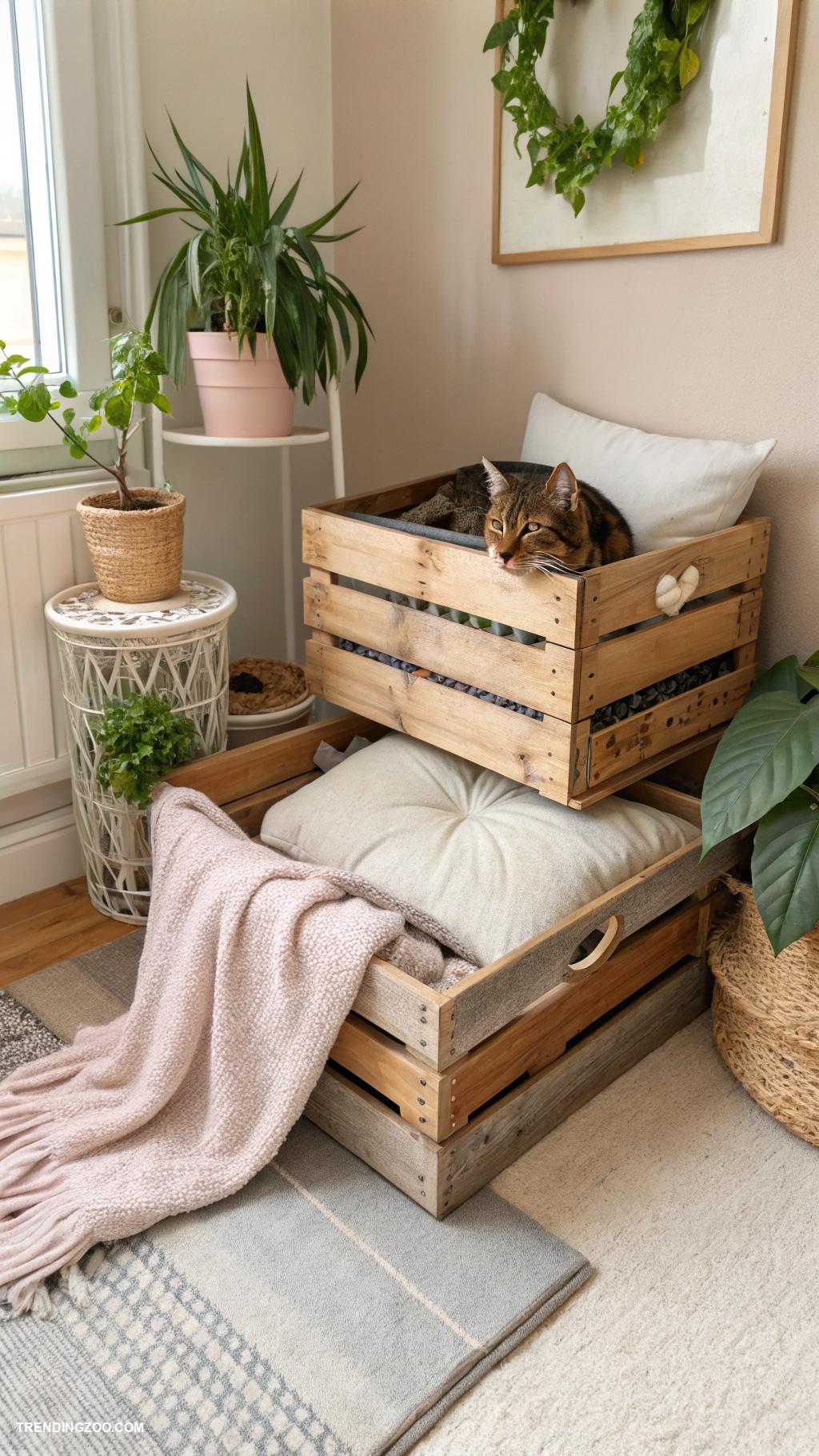 diy cat stuff Elevated cat bed from wooden crates
