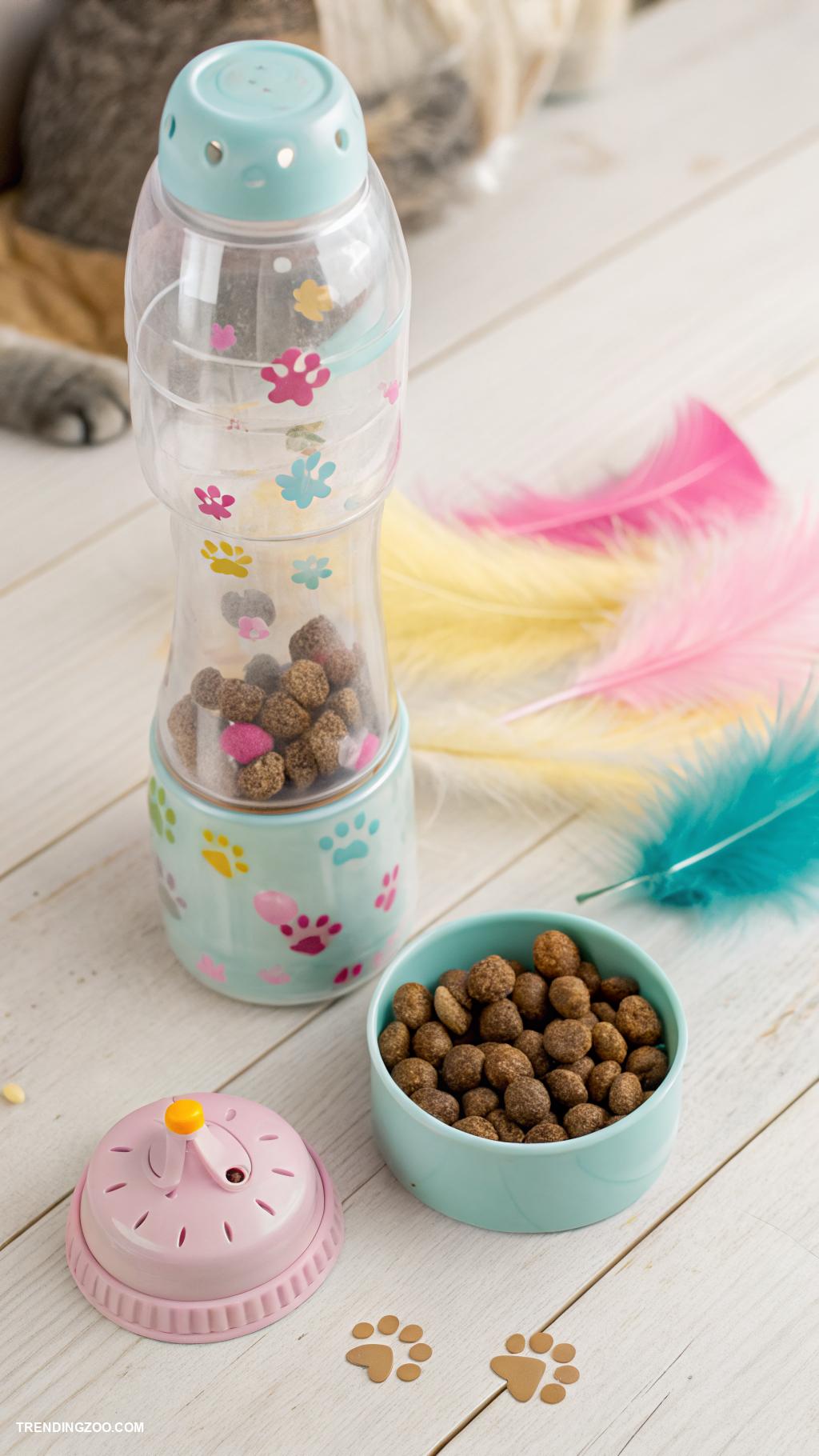diy cat stuff Interactive treat dispenser with plastic bottle