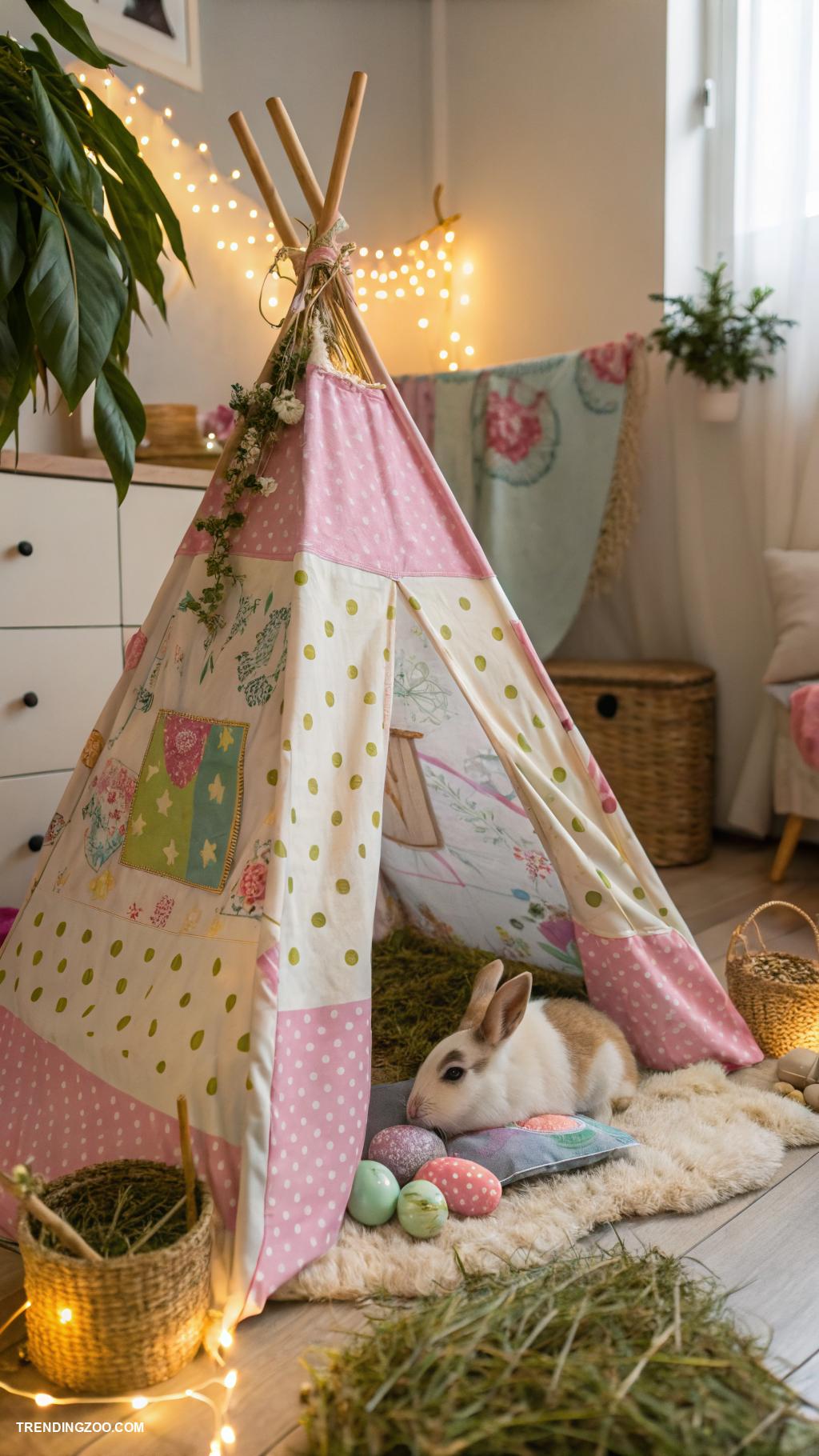 diy indoor bunny house Cozy tepee made from fabric and sticks