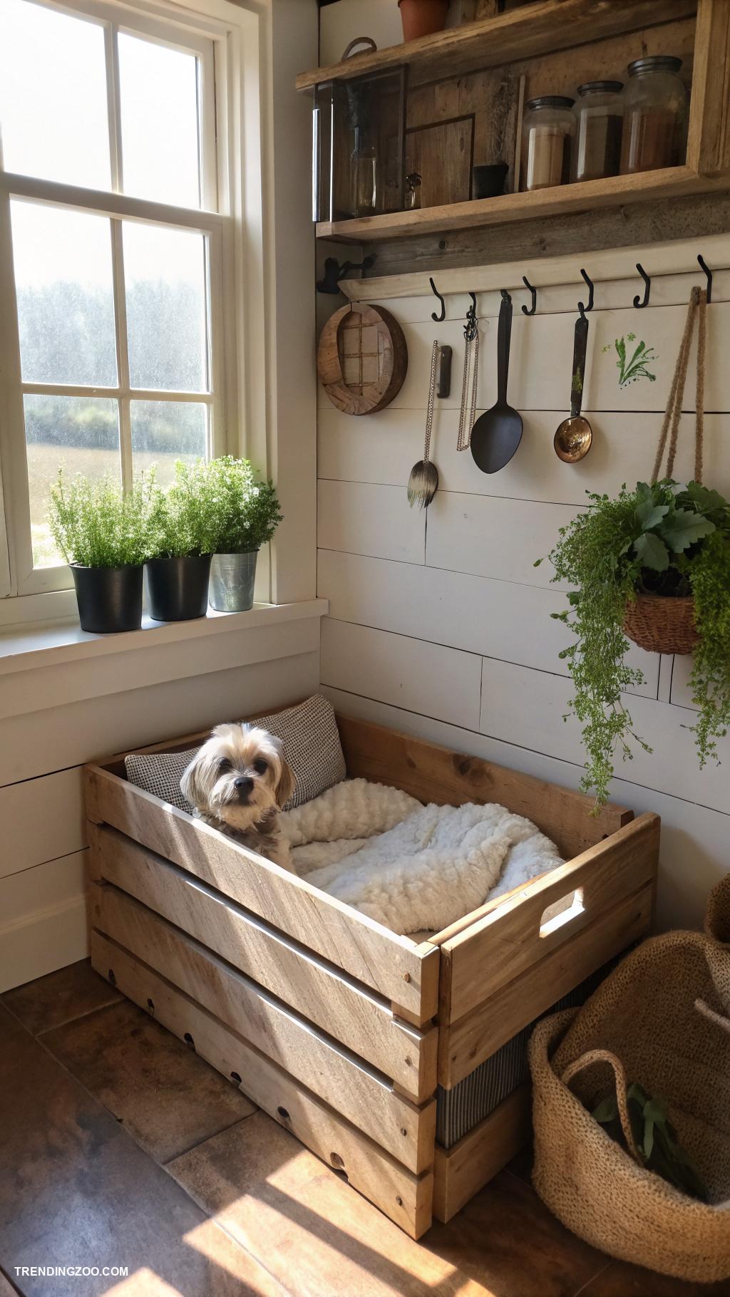 dog bed in farmhouse kitchen Cozy corner with vintage wooden crate
