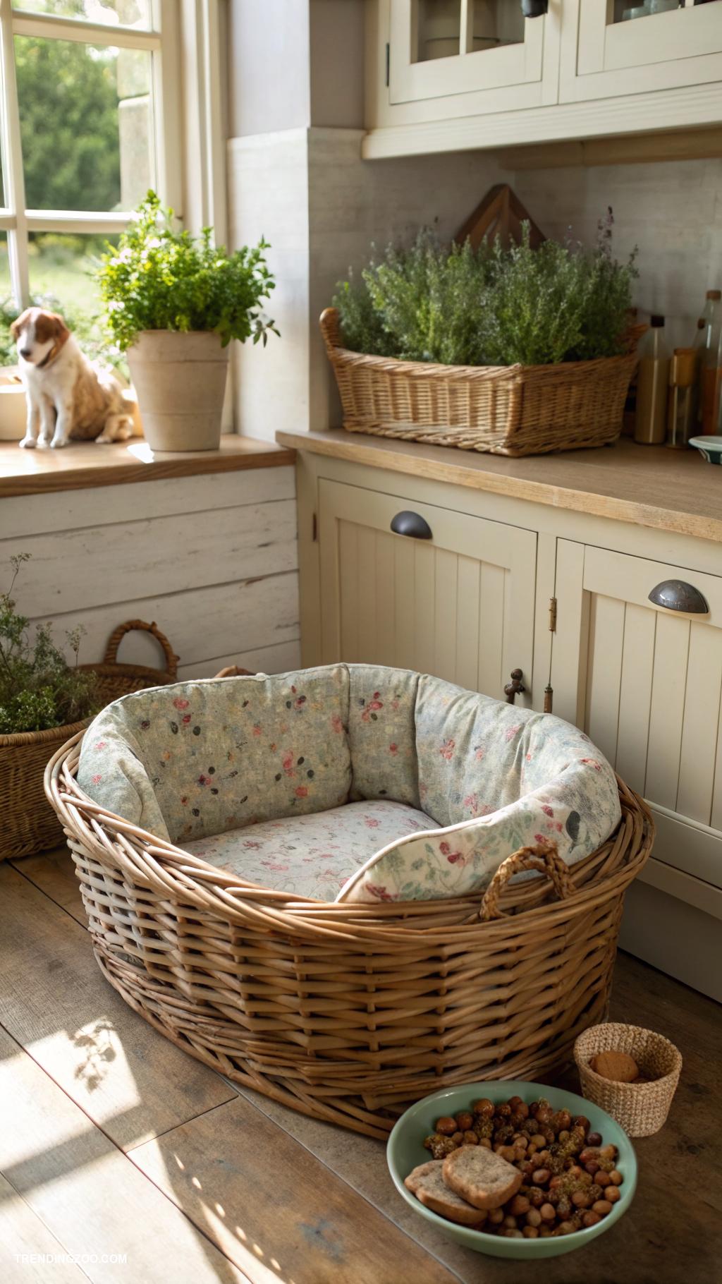 dog bed in farmhouse kitchen Custom cushion in a vintage basket