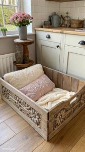 dog bed in farmhouse kitchen Decorative wooden box with fluffy bedding