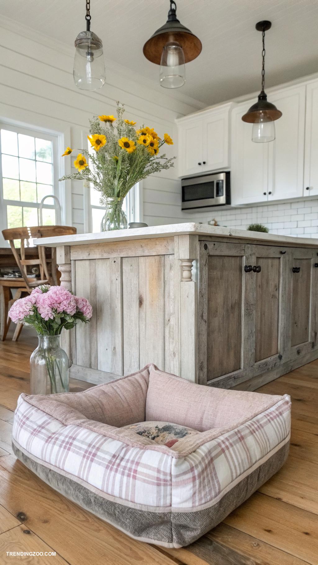 dog bed in farmhouse kitchen Dog bed under a farmhouse style island