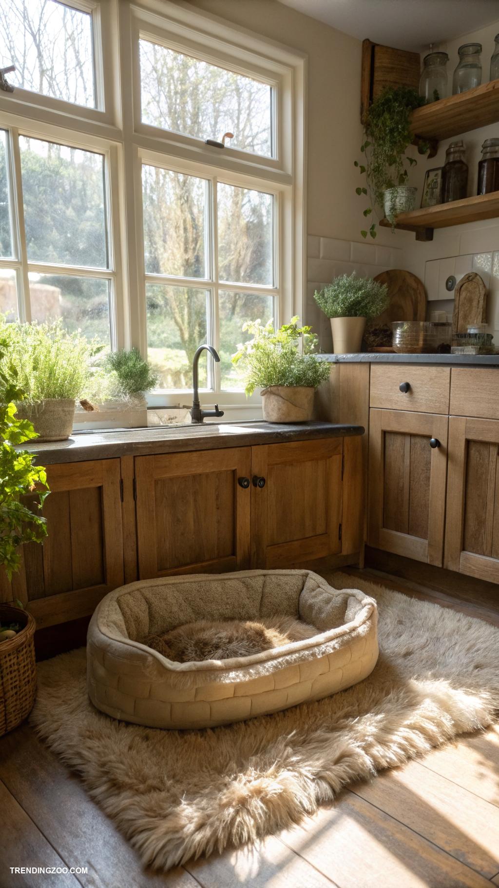 dog bed in farmhouse kitchen Furry rug beneath the kitchen window