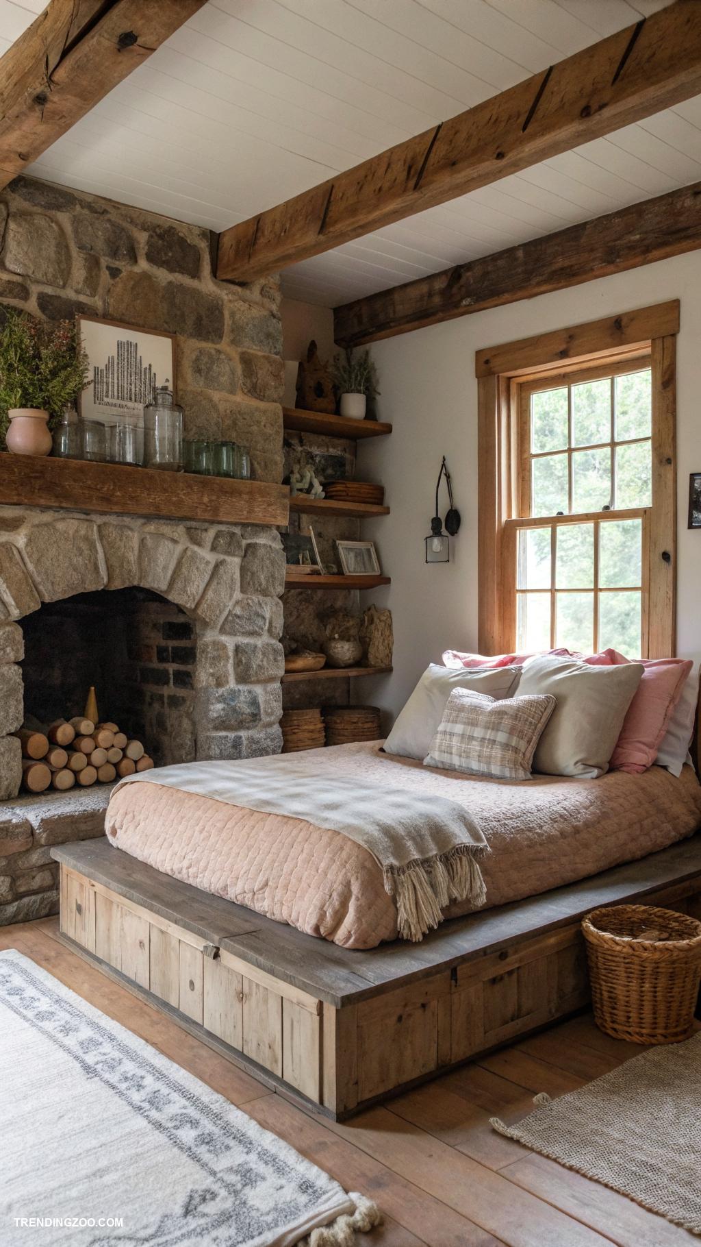 dog bed in farmhouse kitchen Reclaimed wood platform near the fireplace