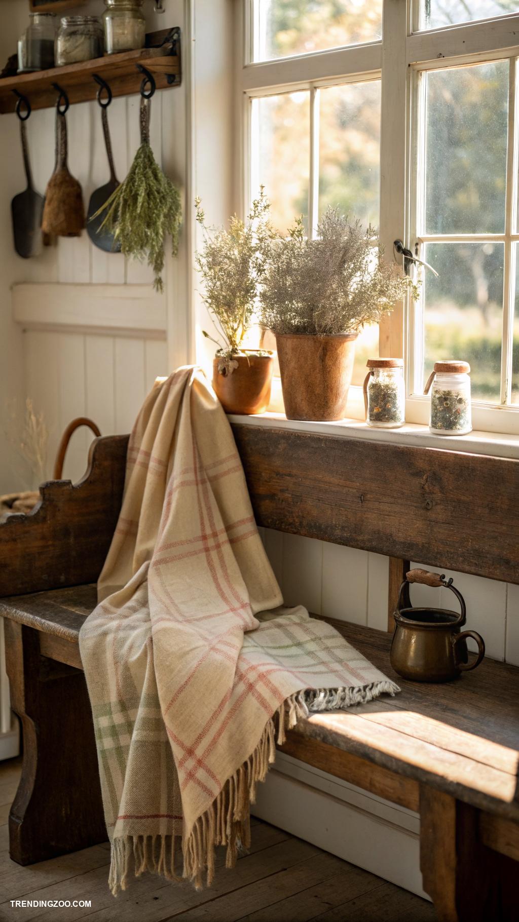 dog bed in farmhouse kitchen Soft plaid blanket on rustic bench