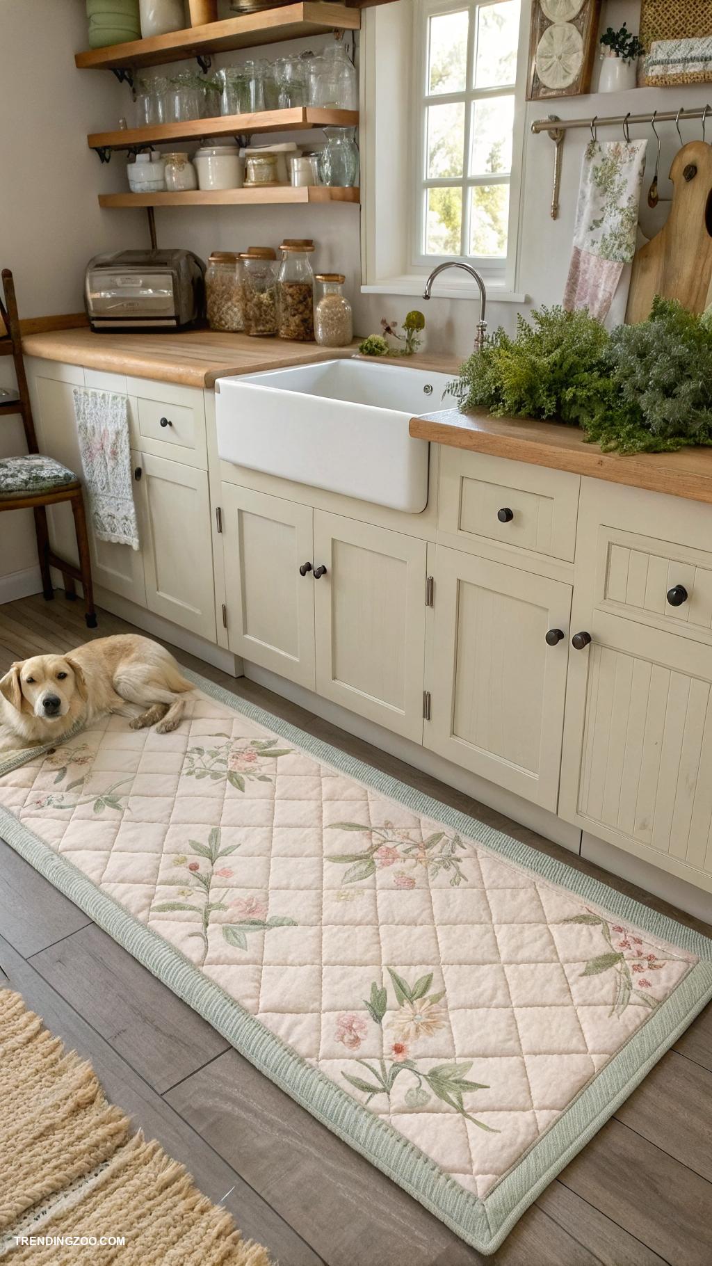 dog bed in farmhouse kitchen Stylish quilted mat in front of sink