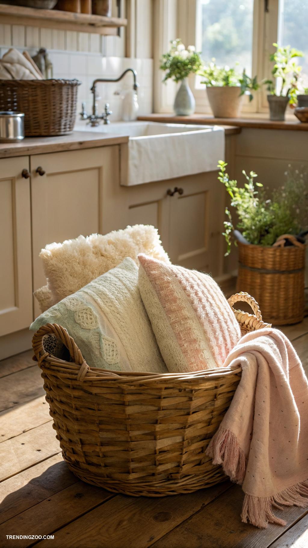 dog bed in farmhouse kitchen Woven basket filled with comfy cushions