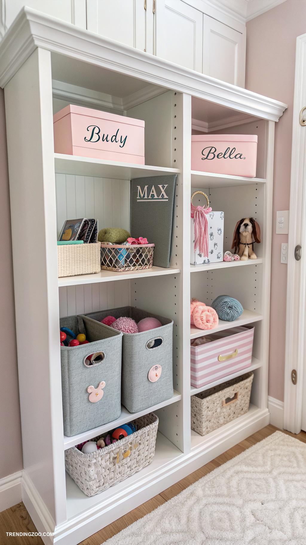 dog closet ideas Personalized name tags on storage boxes