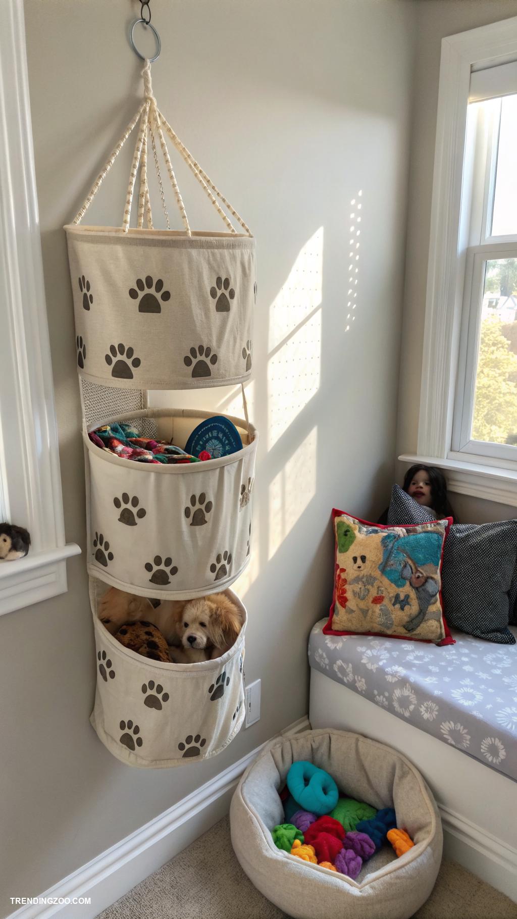 dog setup in bedroom Hanging storage for dog toys