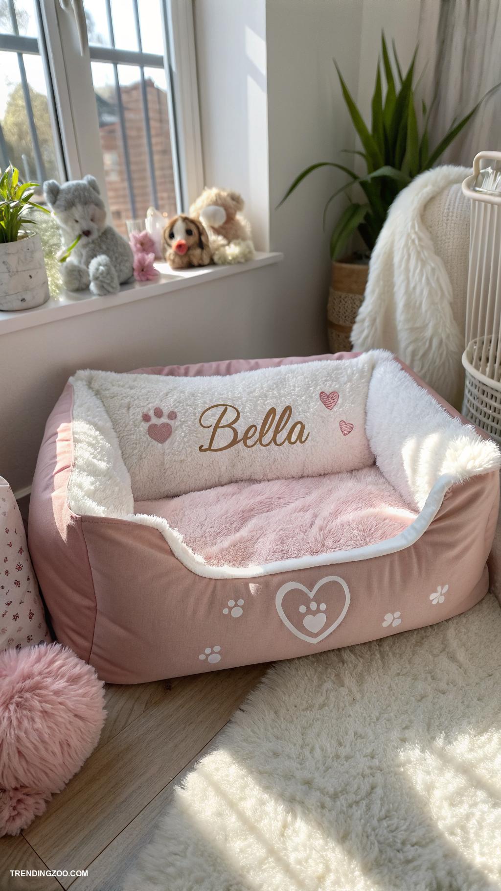 dog setup in bedroom Personalized name tag on dog bed