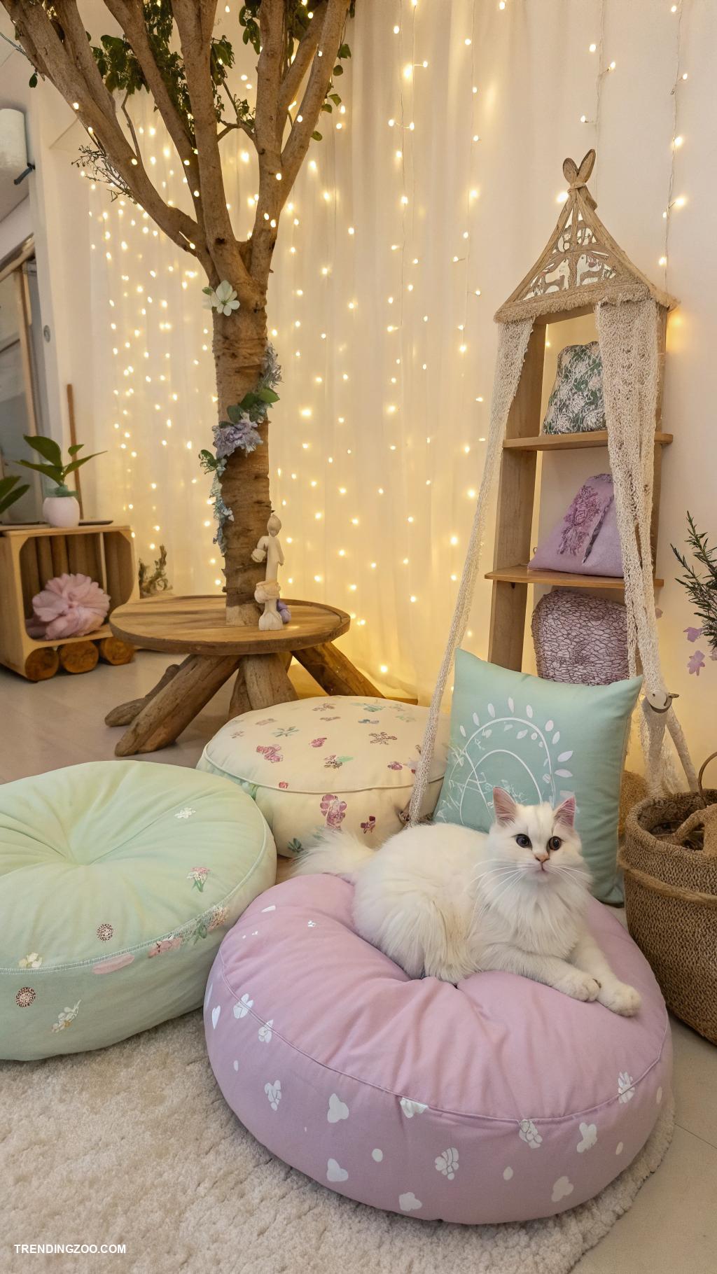 fairycore cat rooms Pastel hued cushions and plush seating
