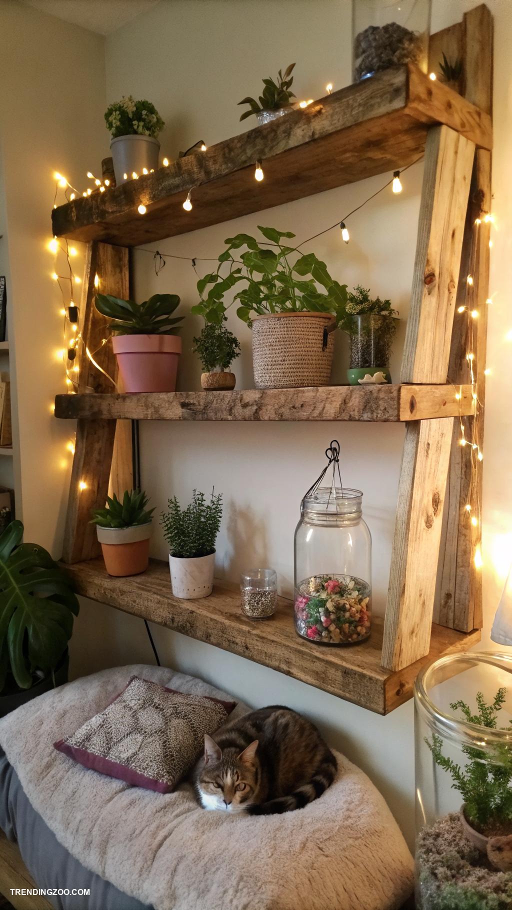 fairycore cat rooms Rustic wood shelves with enchanted accents
