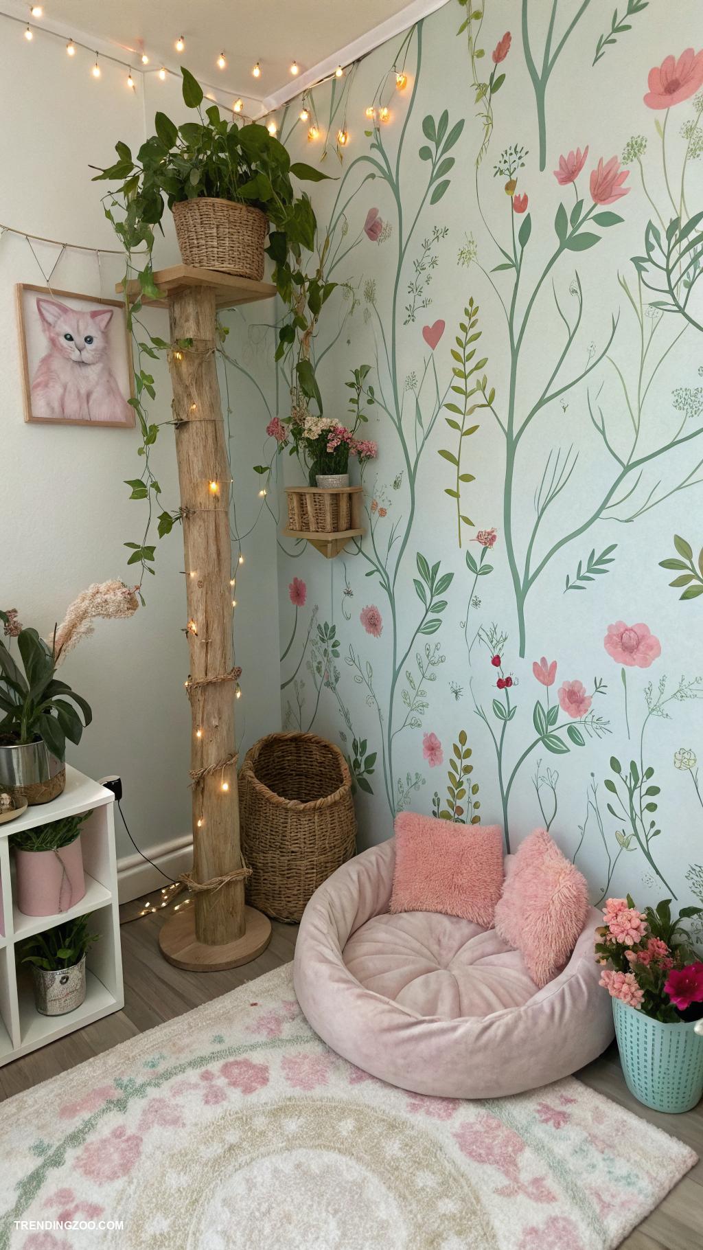 fairycore cat rooms Whimsical floral wallpaper and cozy nooks